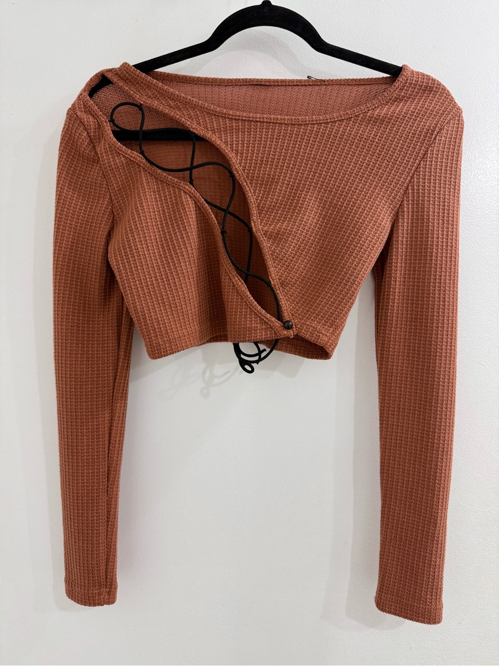 Rust Waffle-Knit Lace-Up Long-Sleeve Crop Top